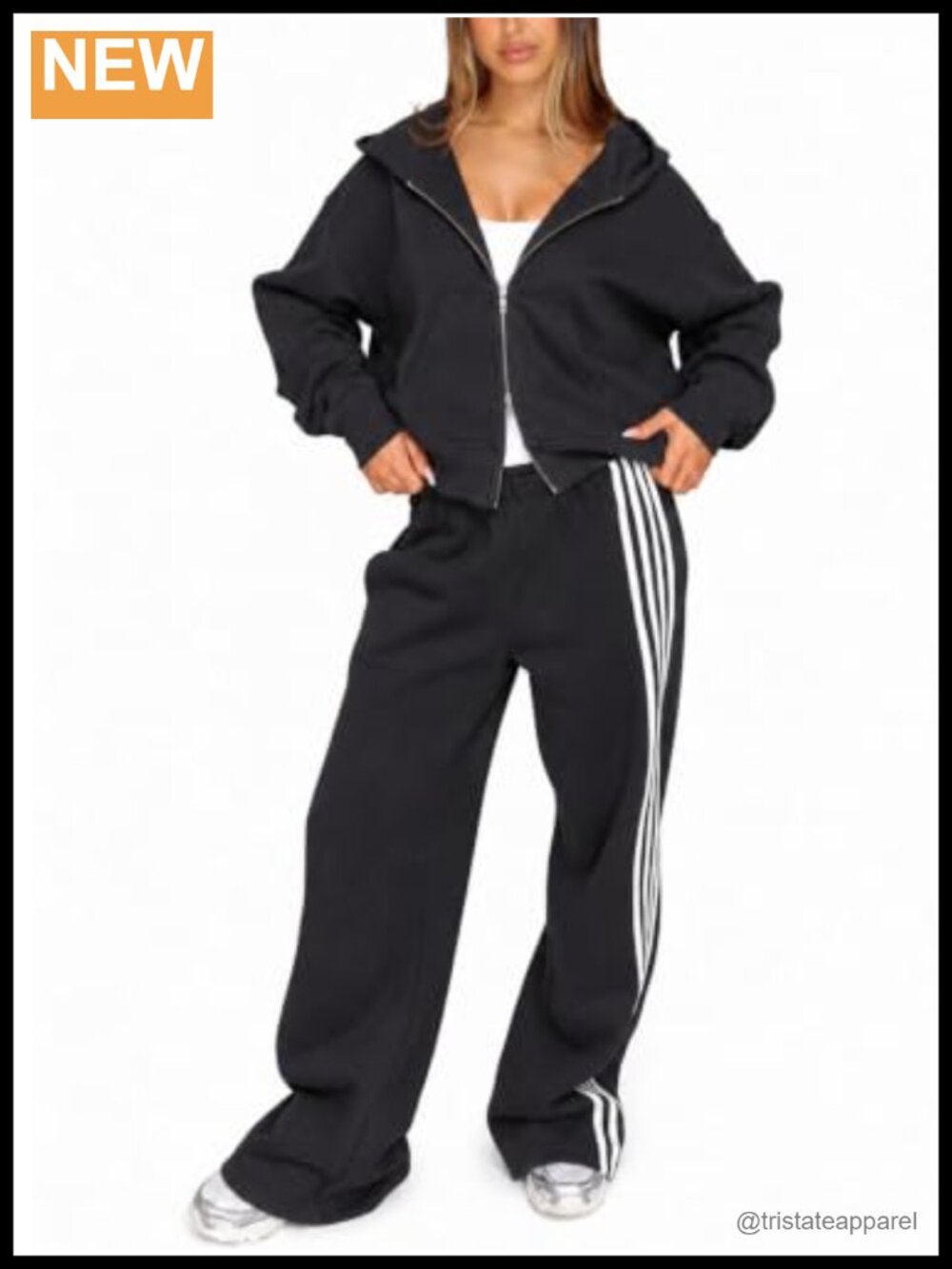 Women 2 Piece Sweatsuit Cropped Zip Hoodie Wide Leg Sweatpants Set